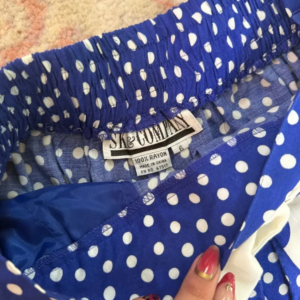 Vintage 80s blue and white retro polka dot midi skirt